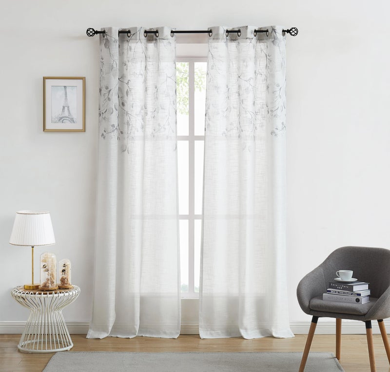 Central Park Leaf Floral Print Metallic Sheer Window Curtain Panel for Rustic Living Room/Bedroom Sparkling Decorative 6 Grommets Top Drape Panels Farmhouse Curtains,Gray Tan,40" x 95"x2, 2 PK - Image 1